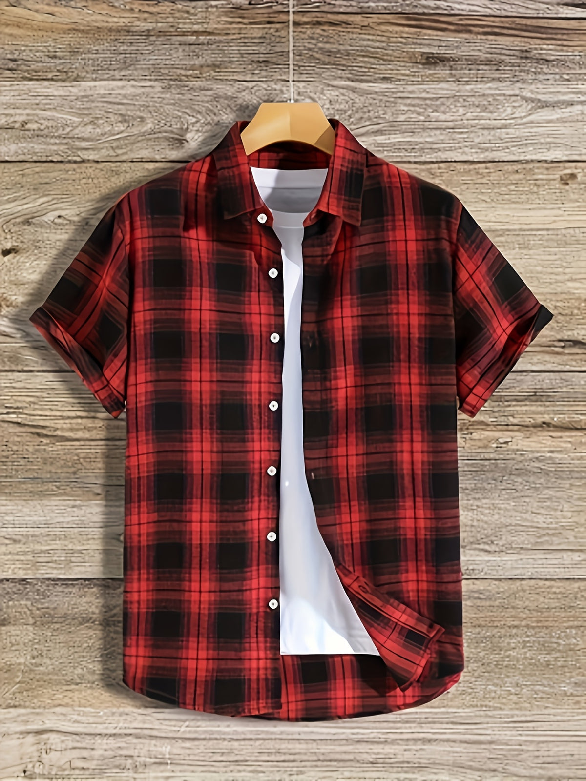 Men's Casual Plaid Button-Up Shirt - Short Sleeve, Black & White Polyester Fabric, Classic Collar, Machine Washable, Perfect for Casual Attire, Versatile Layering Piece | Classic Plaid Shirt | Mandarin Collar Shirt - Red