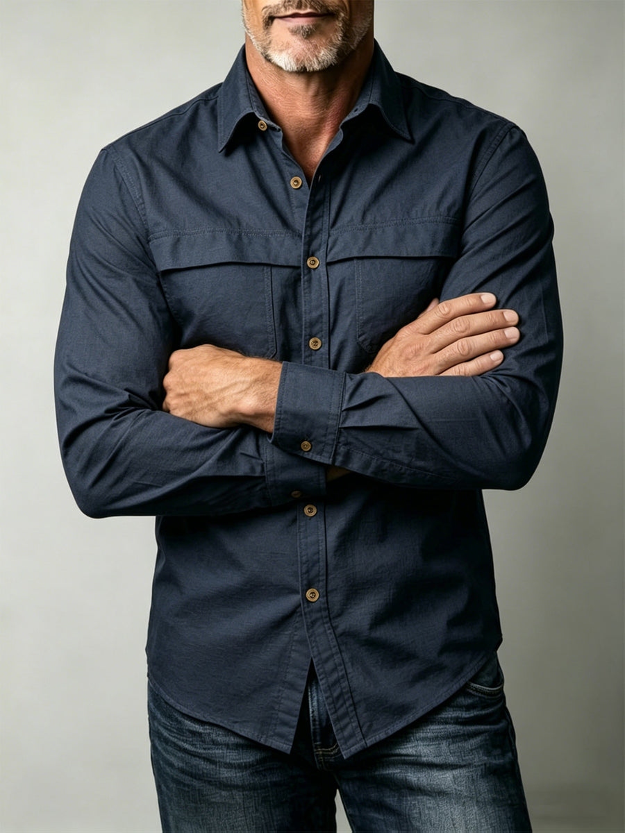 Men'S Solid Color Casual Long-Sleeved Work Shirt, Double Pocket Design, Skin-Friendly And Breathable Fabric, Slim Fit, Stylish And Crisp, Versatile for Spring And Autumn Commuting, Outdoor Activities, And Daily Wear, Durable And Easy to Care for - Navy Color