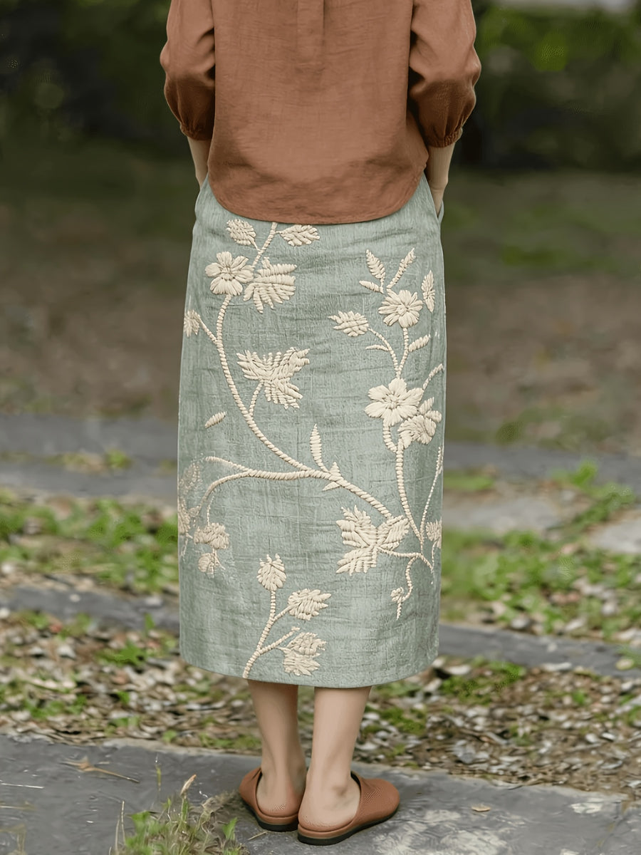 Women's Printed Straight-cut Skirt with Elastic Waist and Pockets - Light Green