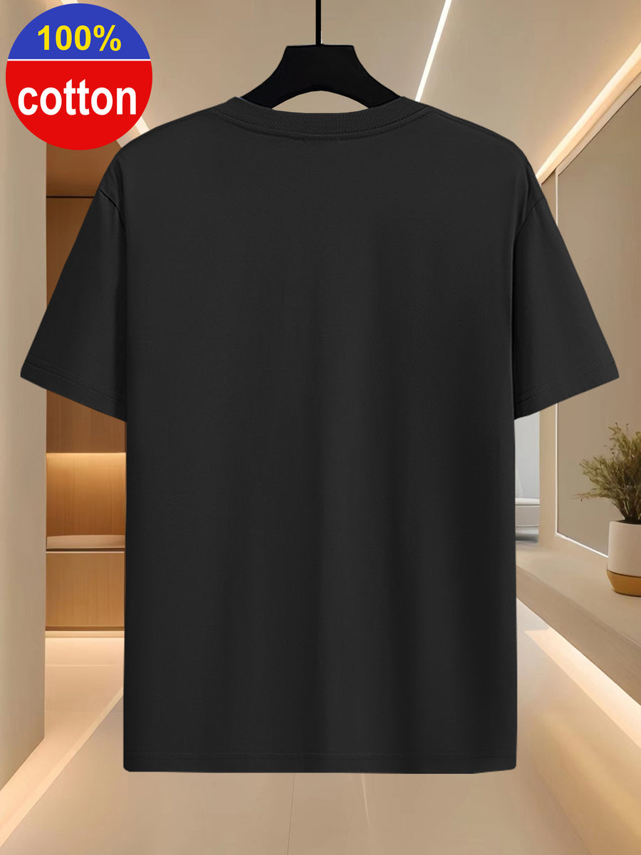 100% Cotton Men's Summer Short-sleeve T-shirt, Fashionable and Simple Patterned Top, Pure Cotton Fabric for Comfort and Breathability, Essential for Outdoor Sports, Leisure, and Travel - Black