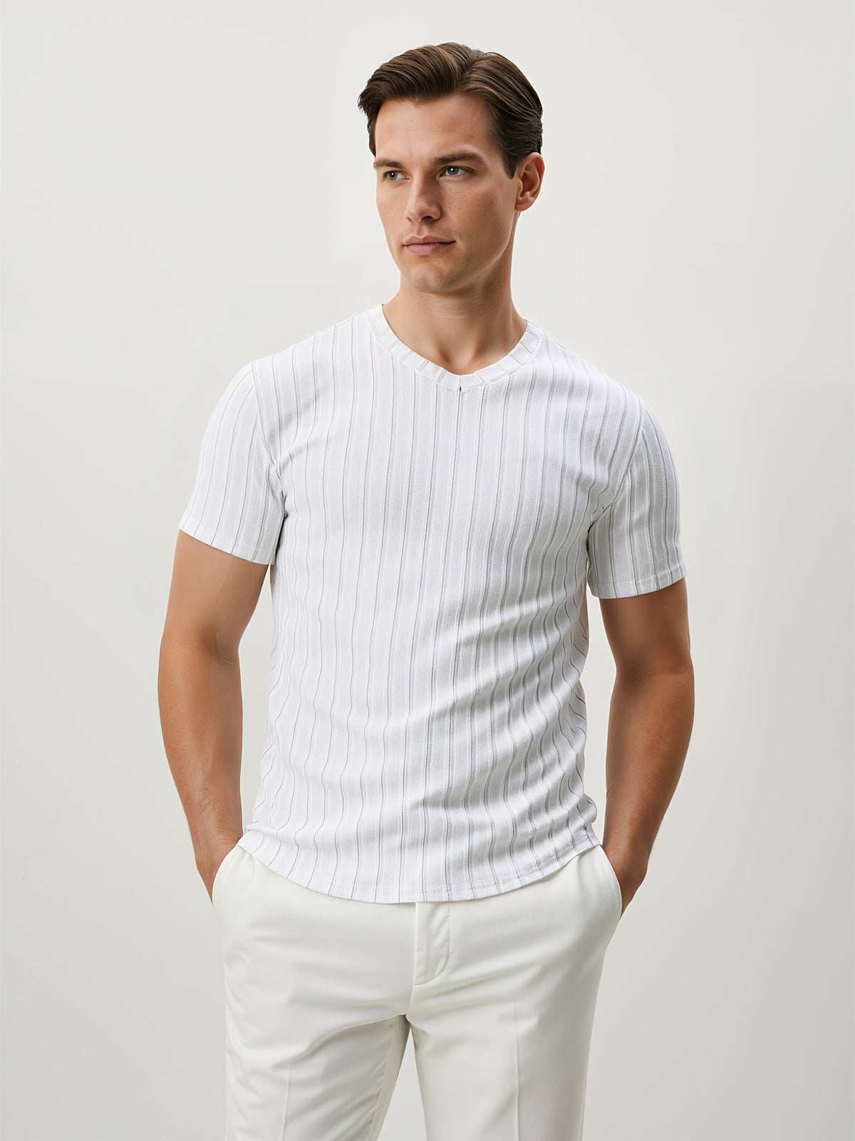 3pcs Men'S V-Neck Short Sleeve T-Shirts | Casual Business And Outdoor Wear, Skinny Fit, Medium Stretch Fabric, Solid Color - Mixed colors