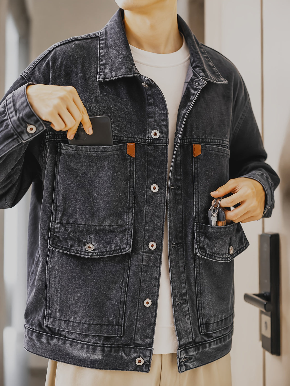 Men'S Versatile Denim Jacket, Men'S Versatile American Retro Washed Work Jacket, Durable And Tough, Suitable for Commuting And Streetwear, Soft Denim Fabric Not Stiff, Versatile And Slimming, a Must-Have Casual Jacket for in Daily Life - Deep Grey