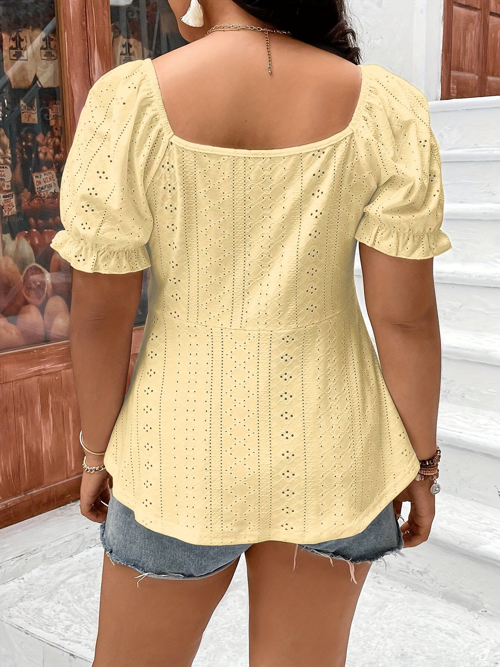 Women's Elegant V-Neck Embroidered T-Shirt with Eyelet Detail & Puff Sleeves - High Elasticity Semi-Sheer Fabric, Adjustable Drawstring Waist, Ruffled Hem - Spring/Summer Casual Top, Summer Fashion, Offshoulder Style, Highelasticity Fabric - Yellow