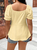 Women's Elegant V-Neck Embroidered T-Shirt with Eyelet Detail & Puff Sleeves - High Elasticity Semi-Sheer Fabric, Adjustable Drawstring Waist, Ruffled Hem - Spring/Summer Casual Top, Summer Fashion, Offshoulder Style, Highelasticity Fabric - Yellow
