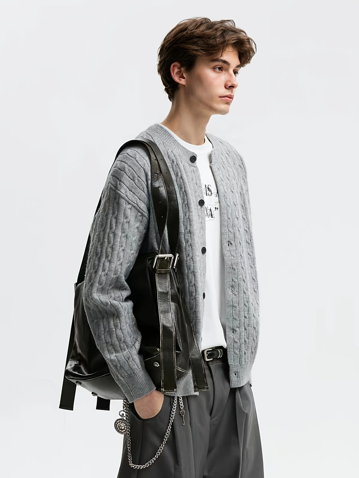 OBM Autumn/Winter Men's Crew Neck Cable Knit Cardigan, American Trendy Minimalist Solid Color Three-Dimensional Cable Knit Texture Long Sleeve Top, Loose Vintage Casual Street Style Outerwear, Versatile Daily Outing Streetwear Brand for a Cool - Light Grey