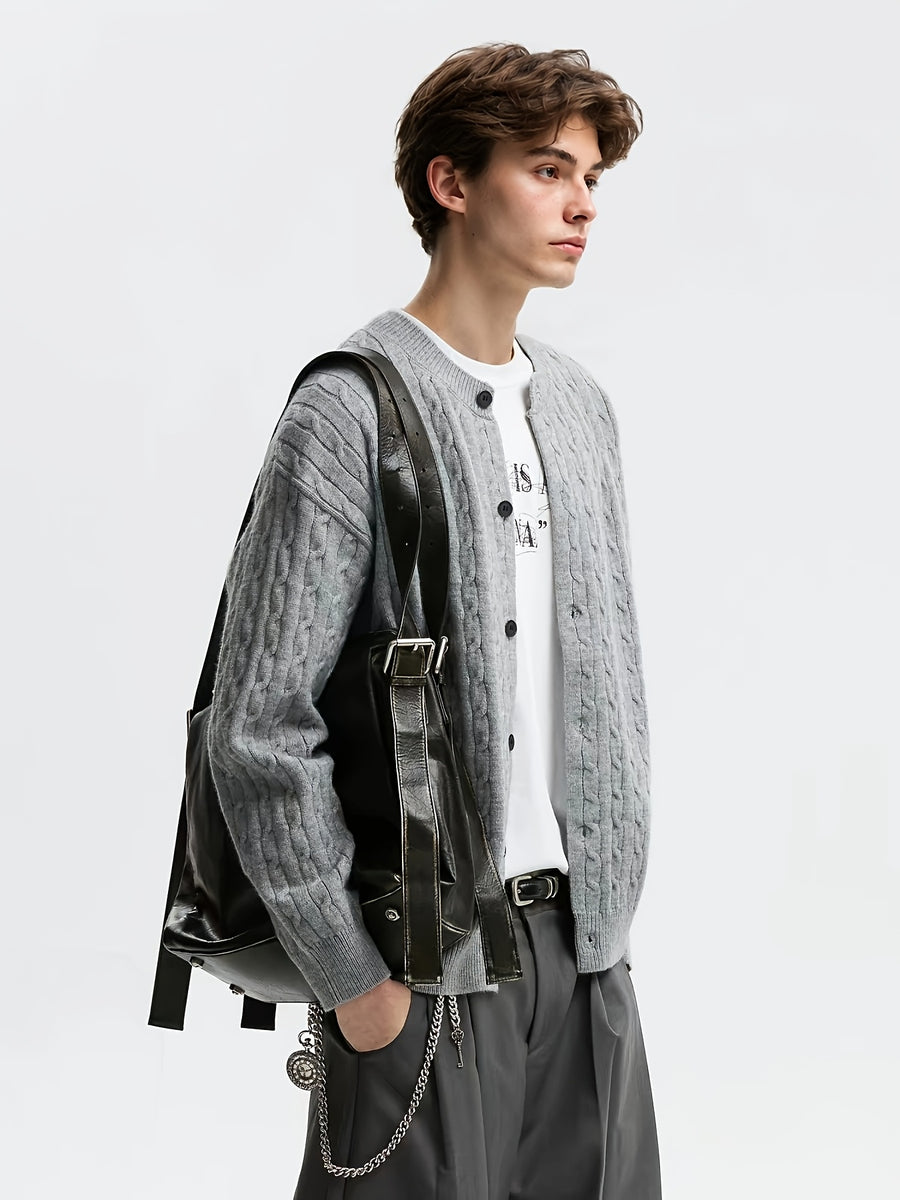 OBM Autumn/Winter Men's Crew Neck Cable Knit Cardigan, American Trendy Minimalist Solid Color Three-Dimensional Cable Knit Texture Long Sleeve Top, Loose Vintage Casual Street Style Outerwear, Versatile Daily Outing Streetwear Brand for a Cool - Light Grey