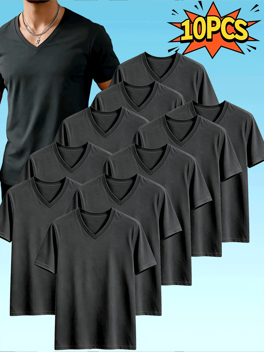 10pcs Men's Casual Knit Ribbed V-Neck T-Shirt / Soft and Comfortable Fabric / Short Sleeve / Solid Color / Crew Neck / Back-to-School Season, Casual Sporty Design Multi-pc Tops, Suitable for Summer Daily Wear - 10 pieces of dark gray