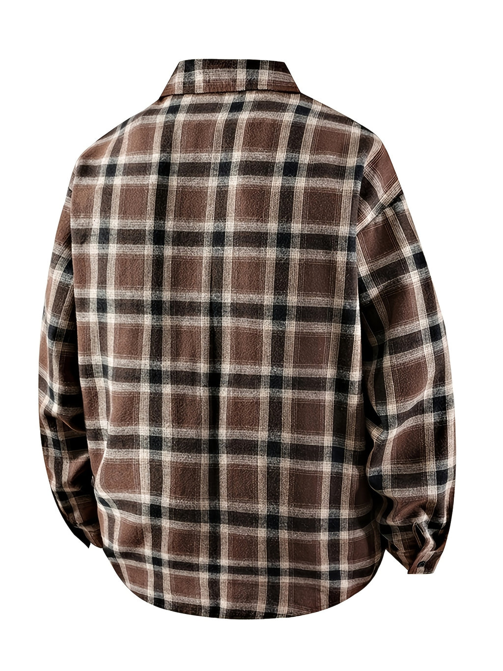 Men Turn- Collar Long Sleeve Plaid Pattern Shirt, Button Up Pocket Loose Blouse for Urban Commute Daily - Apricot