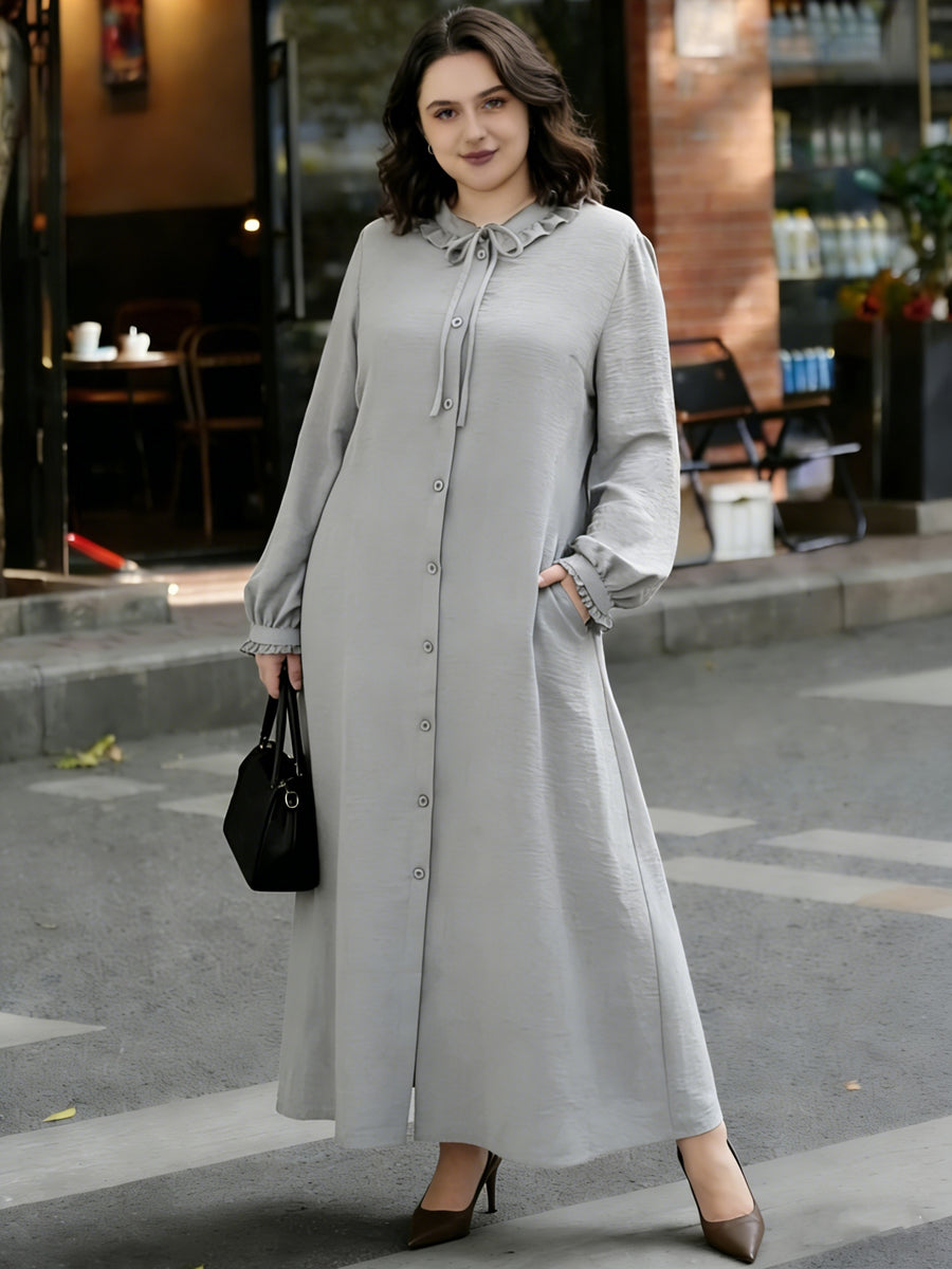 Eid Al-Fitr Abaya Dress Elegant Women'S Dress Solid Color Ruffle Round Neck Drawstring Button Long Sleeve Dress Casual Home Commute Dress - Grey