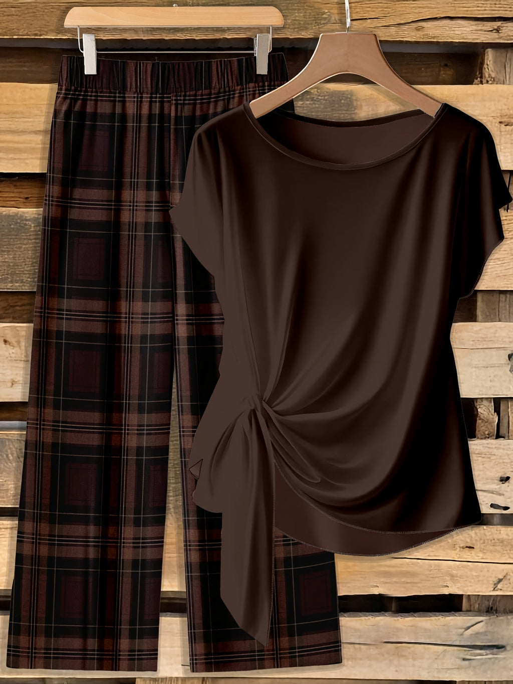 Women's Fashionable Casual Popular Plaid Print Pants Set - Coffee Plaid