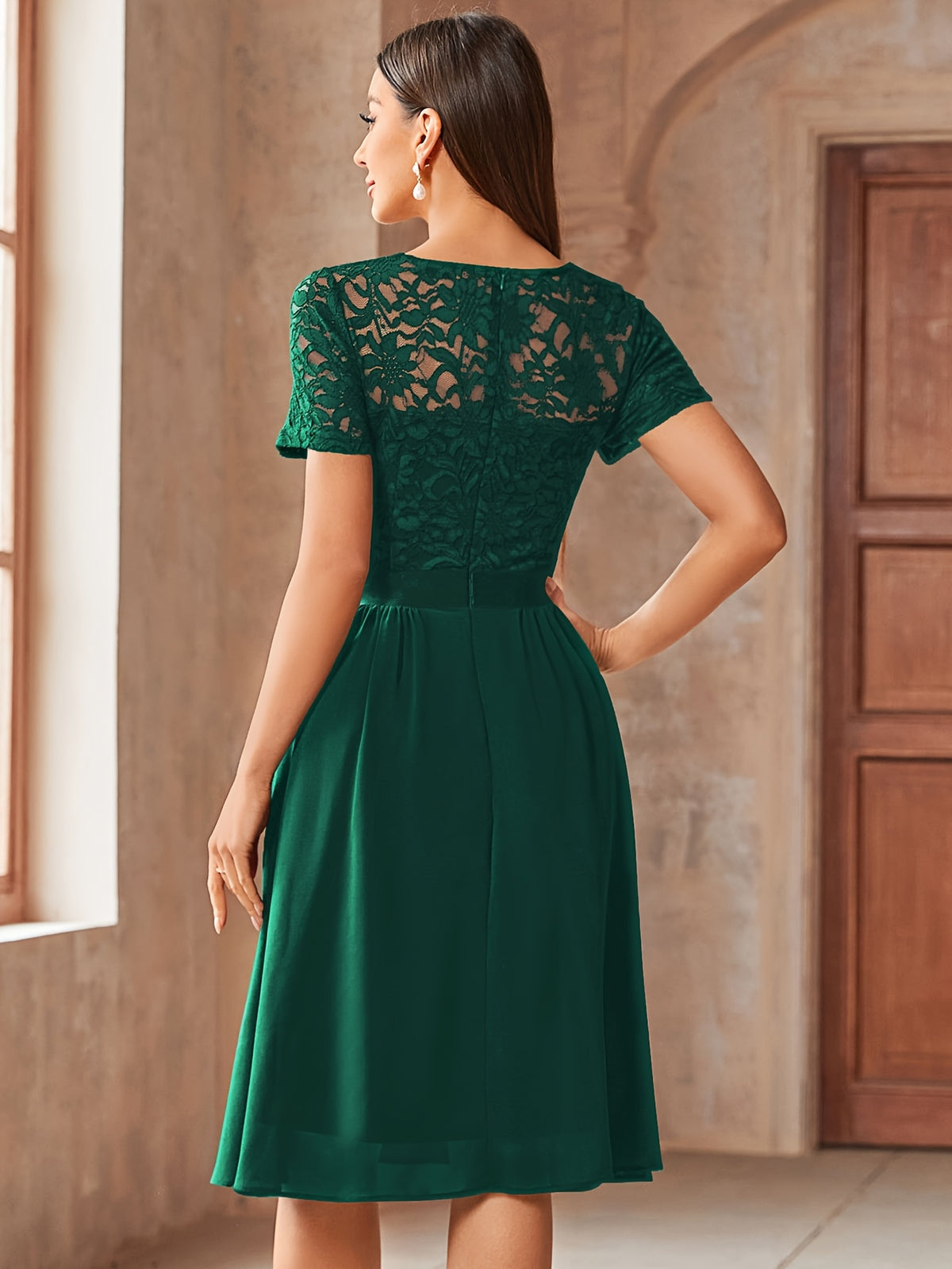 Women's Elegant Lace V-Neck Short Sleeve Chiffon A-Line Wedding Party Short Dress - Dark Green