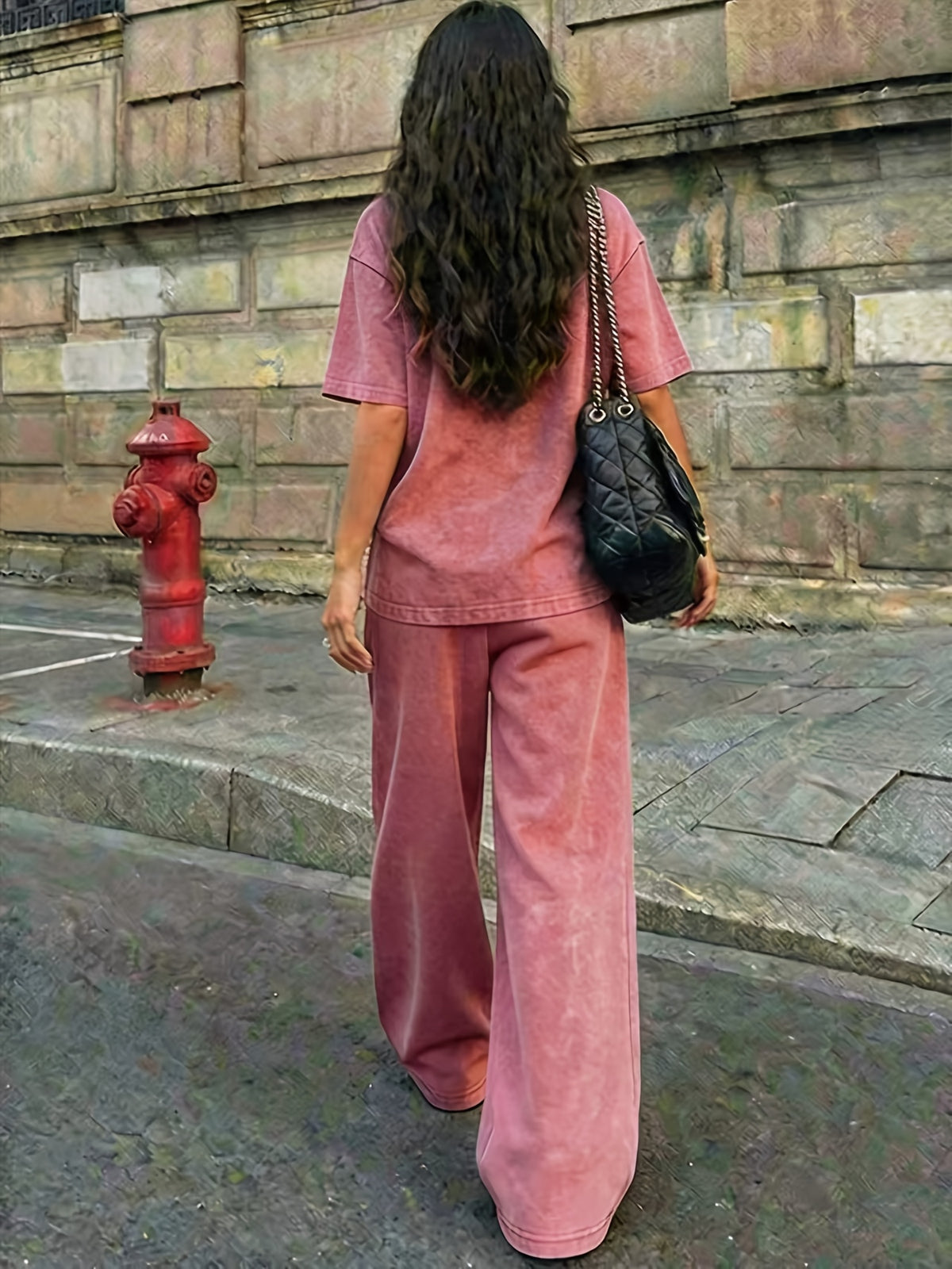 Street Style CALIFORNIA Los Angeles Letter Pattern Print, Women'S 2Pcss Set, Ladies Vintage Washed Fabric Loose Casual Round Neck Short Sleeve T-Shirt And Elastic Waist Drawstring Vintage Washed Casual Athletic Long Pants Women'S 2Pcss Suit - Red+Red