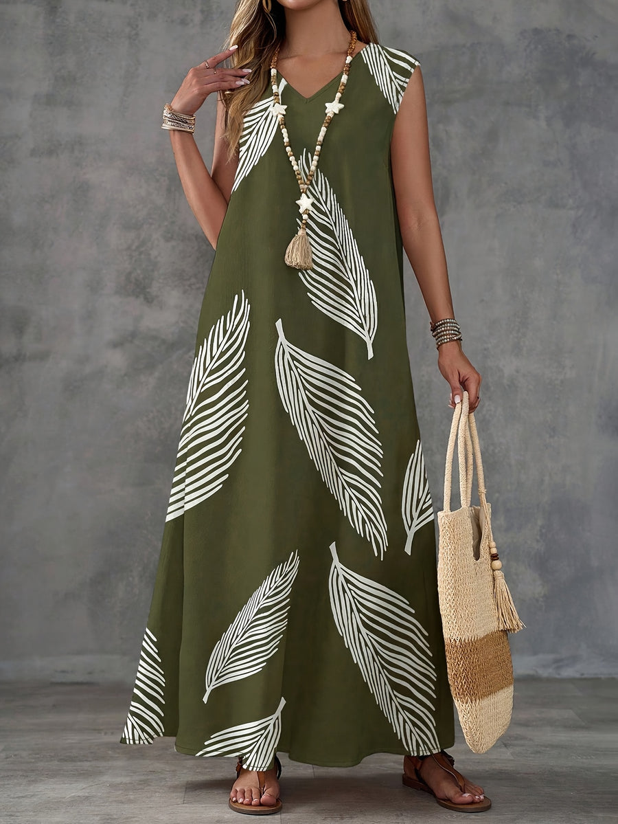 Women's Leaf-pattern V-neck Long Dress, Suitable for Summer Wear - Army Green