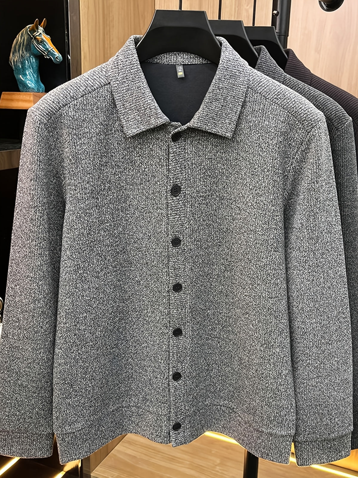 Men'S Lapel Knit Cardigan Jacket, Shirt-Style Knit Outerwear, Relaxed Fit, Business Casual. - SINBOS - Light Grey