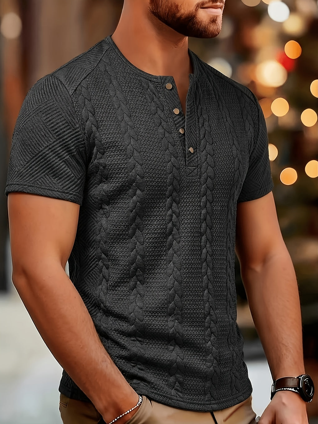 Men'S Fashion Top, Spring Summer Outdoor Casual Random Cut Textured Wheat Ear Jacquard Fabric Round Neck Single Button Patchwork Short Sleeve Men'S Henley Shirt - Black