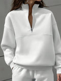Women'S Fall Winter Solid Color Zip Up Long Sleeve Sweatshirt - White