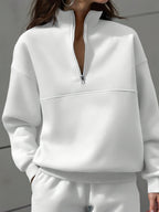 Women'S Fall Winter Solid Color Zip Up Long Sleeve Sweatshirt - White