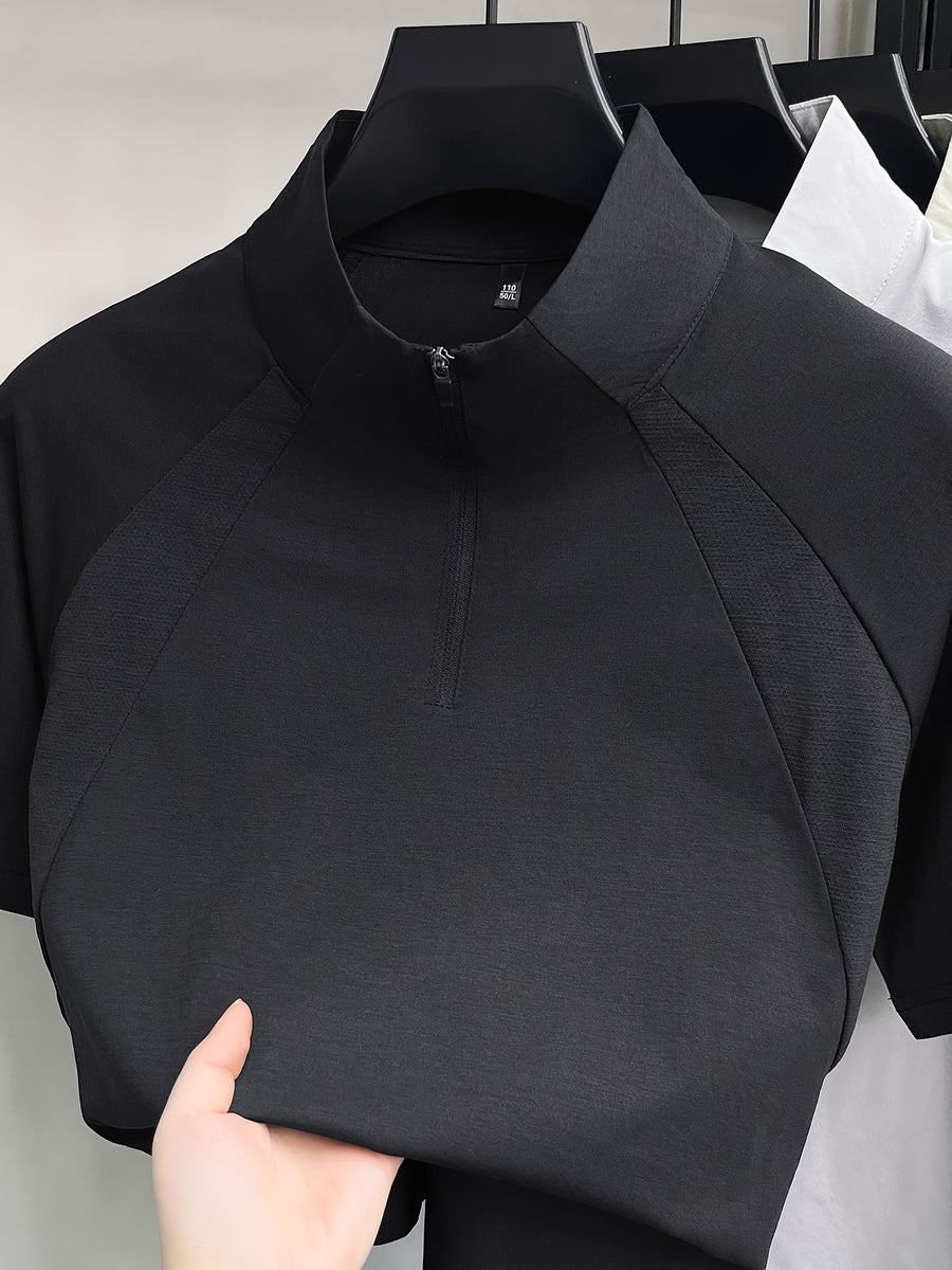 Men's Half-Zip Henley Polo Shirt Short-Sleeve T-Shirt - Summer Zip-Front Collar, Asymmetric Hem & Patchwork Suitable for Outdoor Sports, Casual Wear, Work, Machine Washable Solid Color Stand Collar Shirt - Black