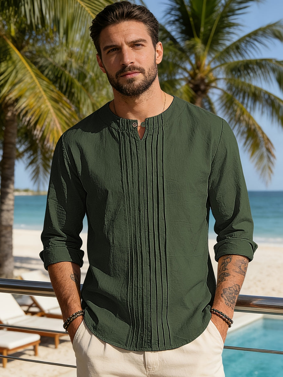 Men'S Summer New Pleated Texture Top, Henley Collar Single Button Design, Lightweight Breathable Loose Casual Vacation Style Long Sleeve Shirt - Dark Green