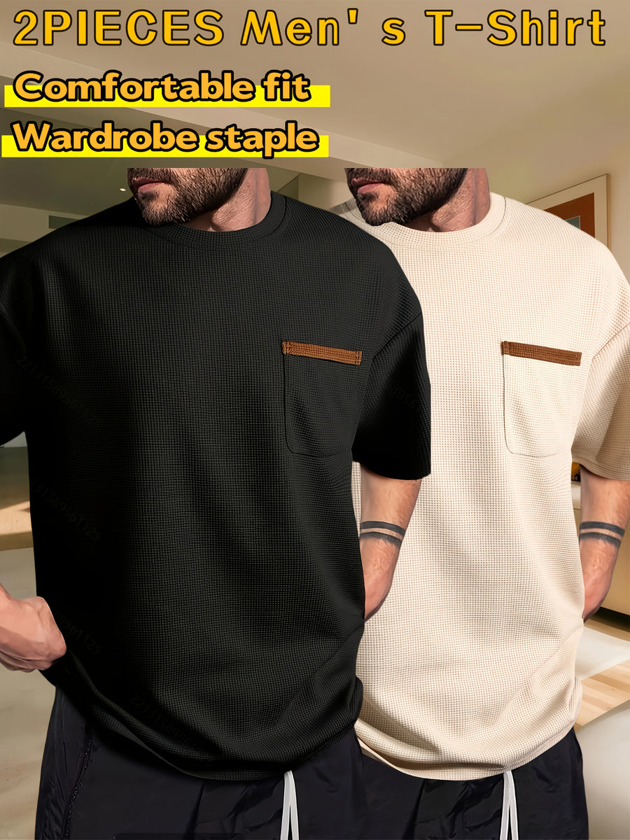 Men's Waffle-Knit Short Sleeve T-Shirt - Breathable Base Layer & Casual Round Neck Pocket Tee, Solid Color Suitable for Gym, Casual Attire, Machine Washable, Spring/Summer Layering Shirt, High-Fit Rate for Lifestyles - Black+Apricot