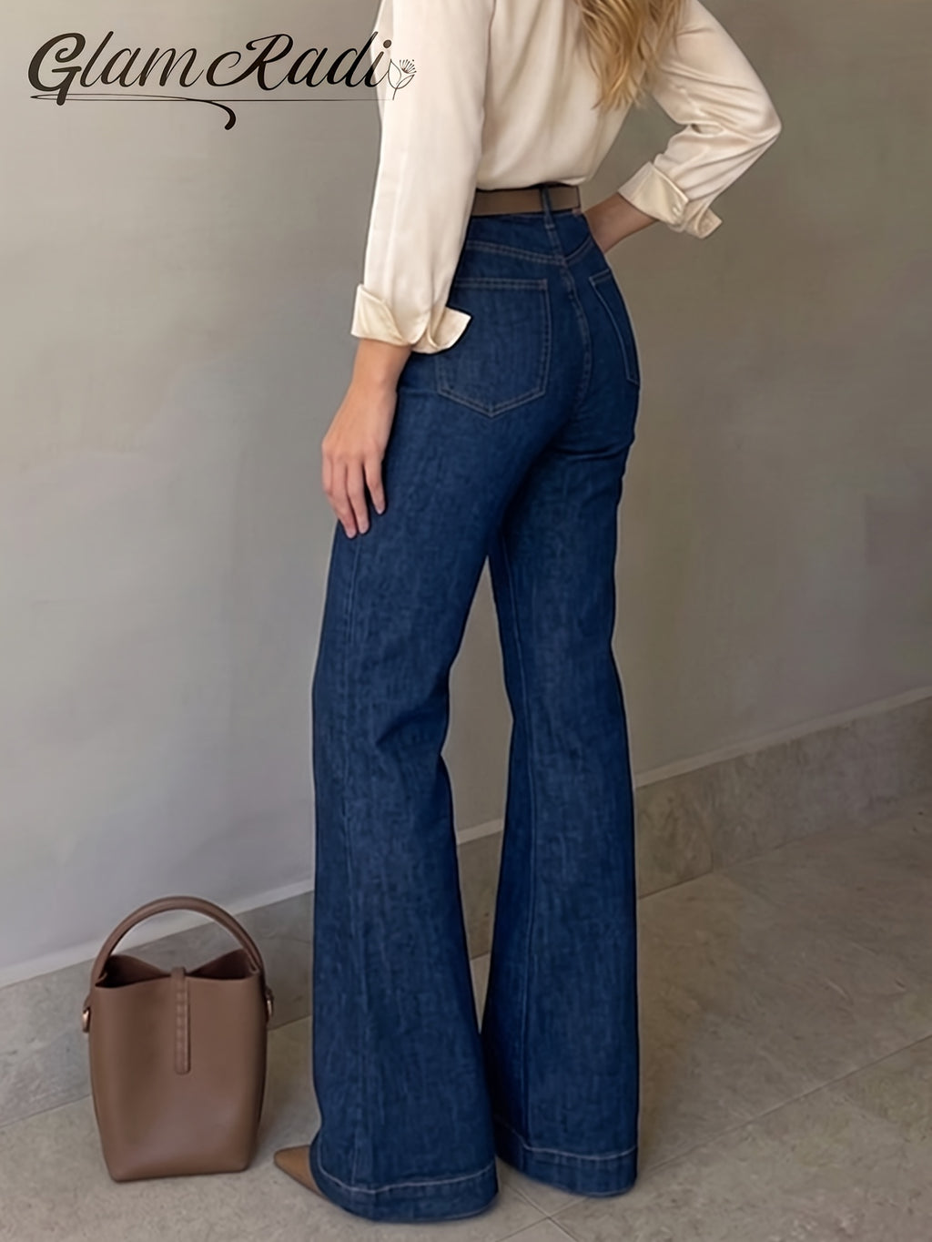 New Women's High-Waist Dark Blue Flared Jeans Made of Stretch Fabric, Featuring Soft, Comfortable and Stylish Cut. Perfect for Shopping, Parties, Vacations, Festivals and Other Outdoor Occasions, Wearable All Spring, Summer, Autumn and Winter. - Deep Blue