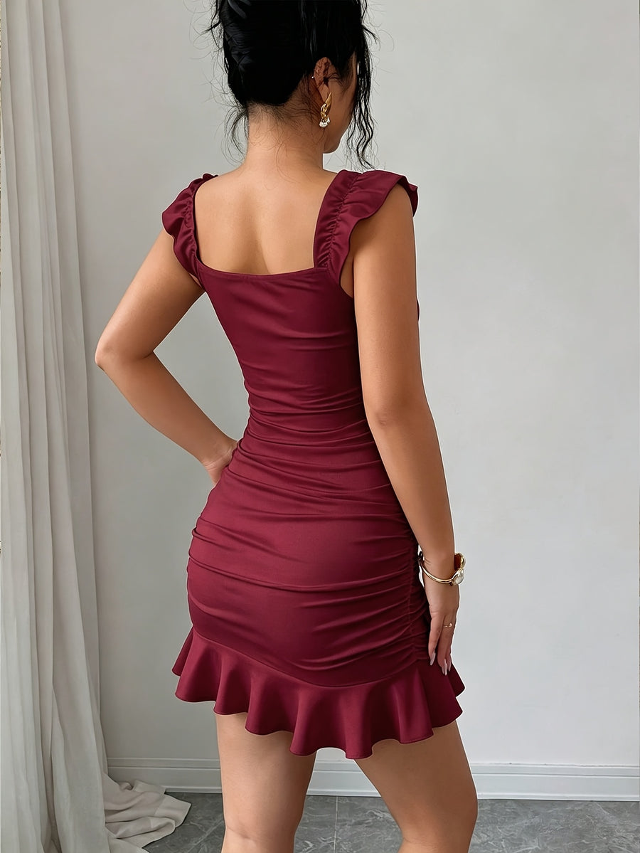 Women'S Vintage Ruffled Hem Fitted A-Line Dress, Elegant Sexy French Waist-Cinching Tight Summer Dress - Burgundy
