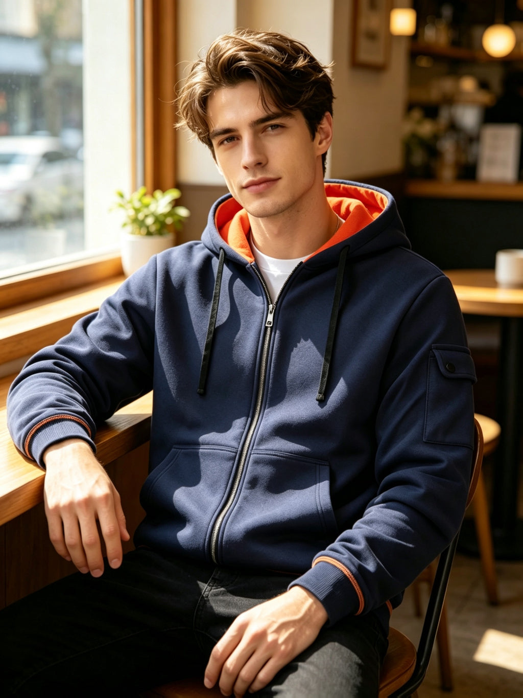 Hoodie, Men'S Fashion Color-Block Zip-Up Hoodie, Multi-Pocket Design Showcasing Individuality, Solid Casual Versatile Hoodie, Autumn/Winter Outerwear - Navy Color