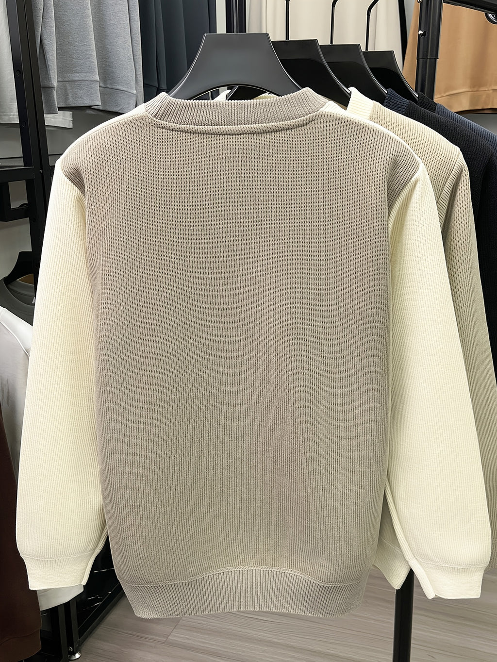 Men'S Color-Block Fleece Sweater Autumn Winter Thick Warm Knit Round Neck Pullover - Khaki