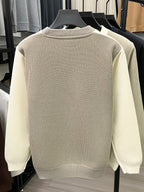 Men'S Color-Block Fleece Sweater Autumn Winter Thick Warm Knit Round Neck Pullover - Khaki