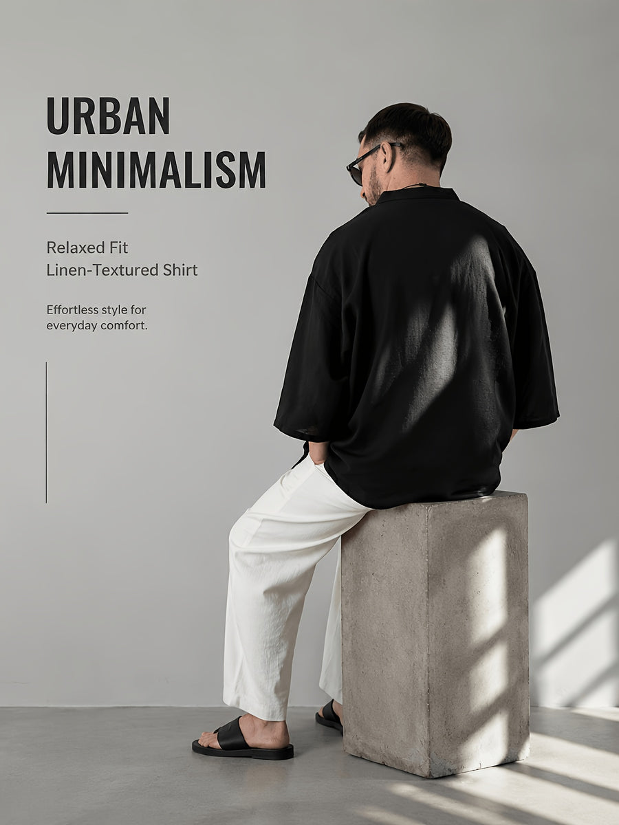 Men's Casual Shirt, New Linen V-Neck Casual Shirt for Daily Wear, Three-Quarter Sleeve Design, Suitable as a Gift! - Black