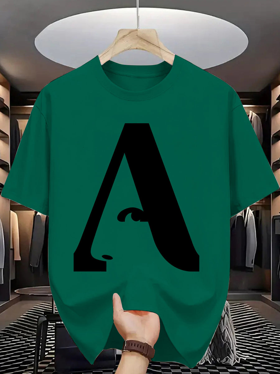 Men's T-Shirt with Letter A Print - Casual Wear - Dark Green