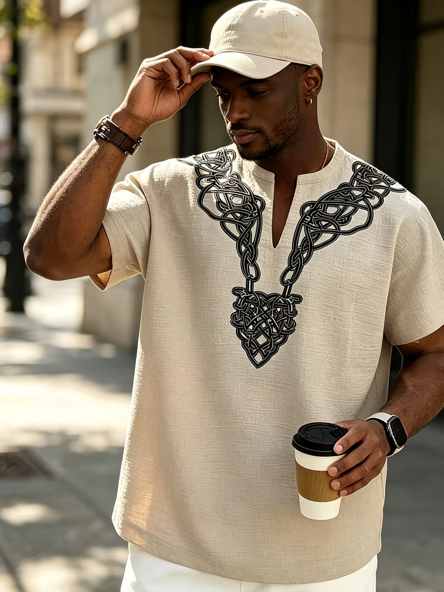 2026 New American Summer Men'S Lightweight Bamboo Rayon Rayon Braid Loose Rune Print V-Neck Casual Short Sleeve - Khaki