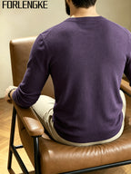 FORLENGKE Stylish Elegant Men'S Business Casual Grid Textured Crew Neck Knit Sweater, Soft Warm Long Sleeve Pullover for Fall Winter Office Daily Wear - Purple Gray