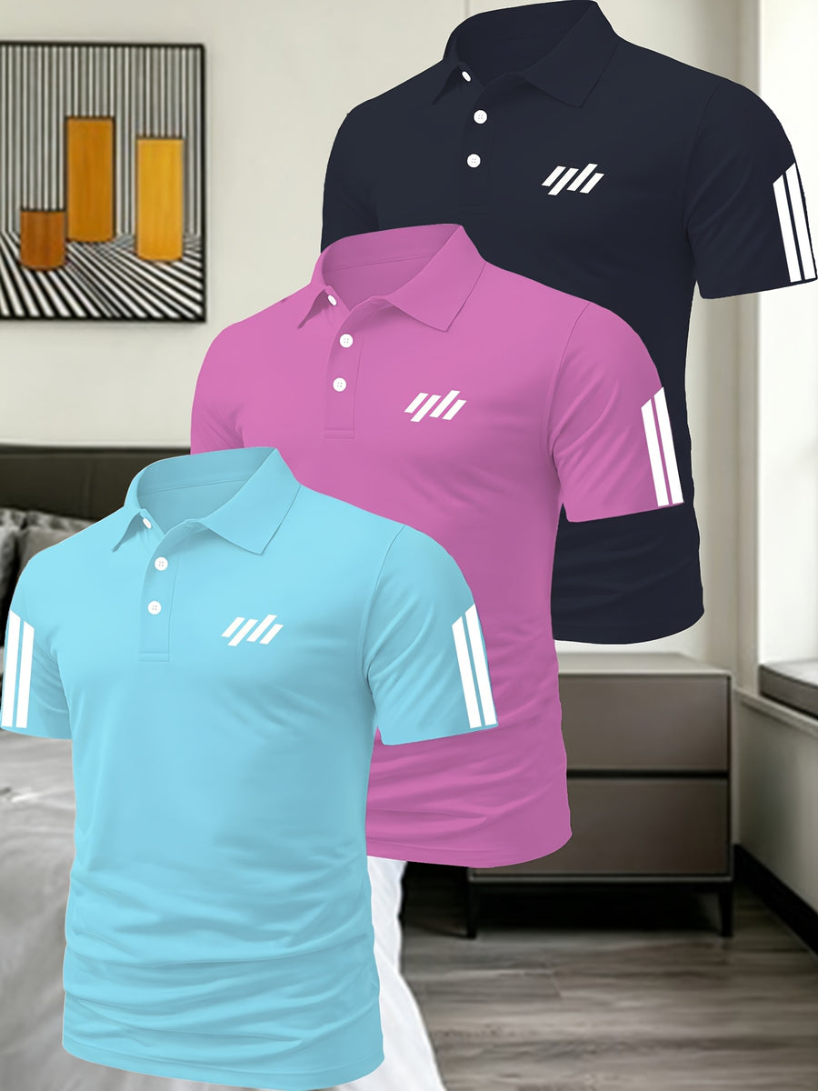 Men'S Exquisite Solid Color Polo Shirt 3pcs Set Multi-Pc Golf Casual Top - Sky Blue Pink Navy Blue