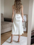 Fashionable City Commute Casual Outing Beach Vacation Home Outerwear Slit Satin-Like Pink Women'S Skirt - White