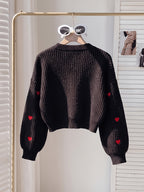 Women's Cardigan with Embroidered Heart, Contrast Color Pattern, V-Neck, Cropped Style, Button-Up Outerwear; Red Cropped Cardigan with Heart Embroidery, Long Sleeves, V-Neck, Versatile Girly Style Jacket Top - Black