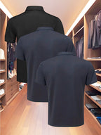 3pcs Value Pc, Summer Short-sleeve Polo Shirt! New Jacquard Fabric, Quick-drying, Lightweight and Breathable, Easy to Wash and Dry Quickly. Men's Color-blocked Cool and Comfortable Polo Shirt with Lapel, for Sports and Casual Wear. Men's Short-sleeve - Black Qingqing
