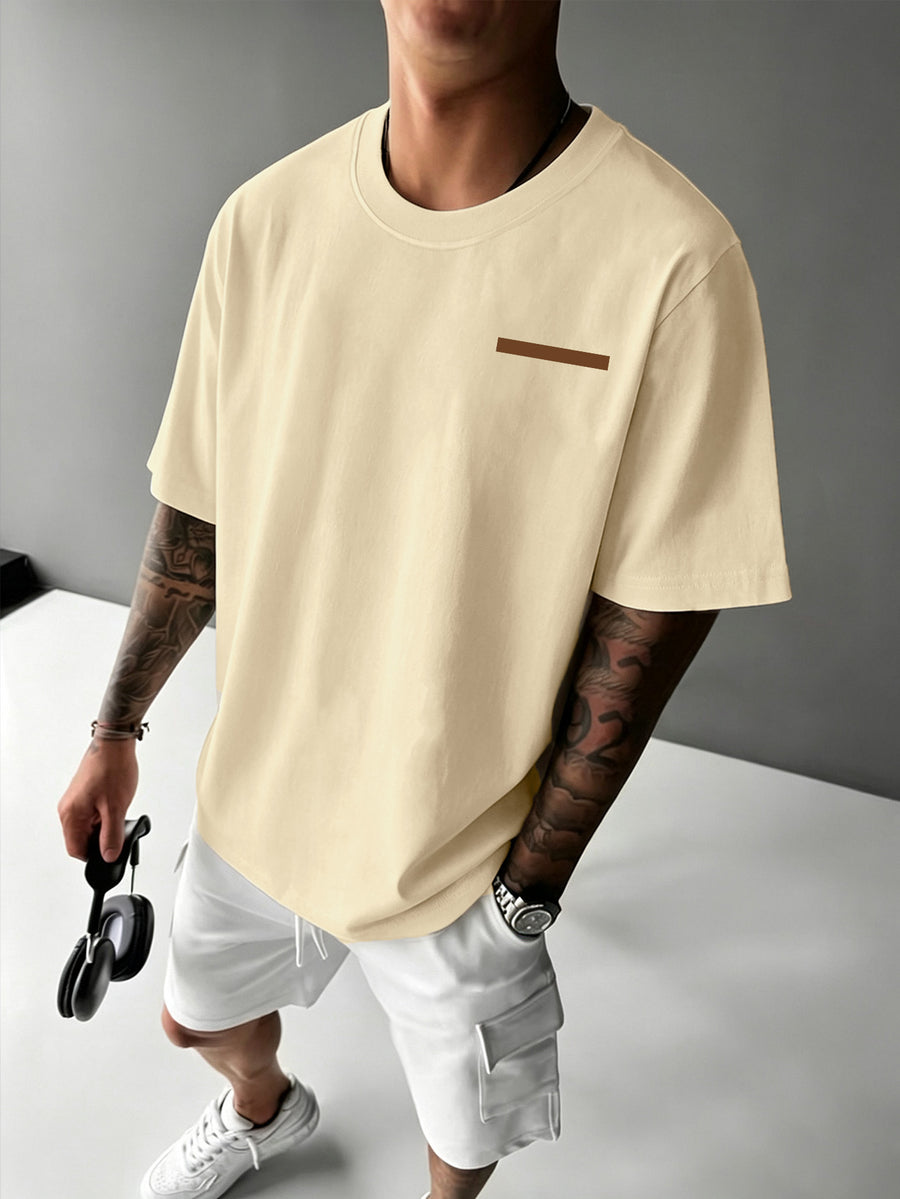 Men's Trendy Short-Sleeve T-Shirt with Minimalist Brown Long Strip Logo Print on the Chest, Crew Neck Top for Daily Wear - Apricot