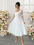 Women'S Elegant Mesh Embroidered Fabric Long Sleeve Bridesmaid Dress - White
