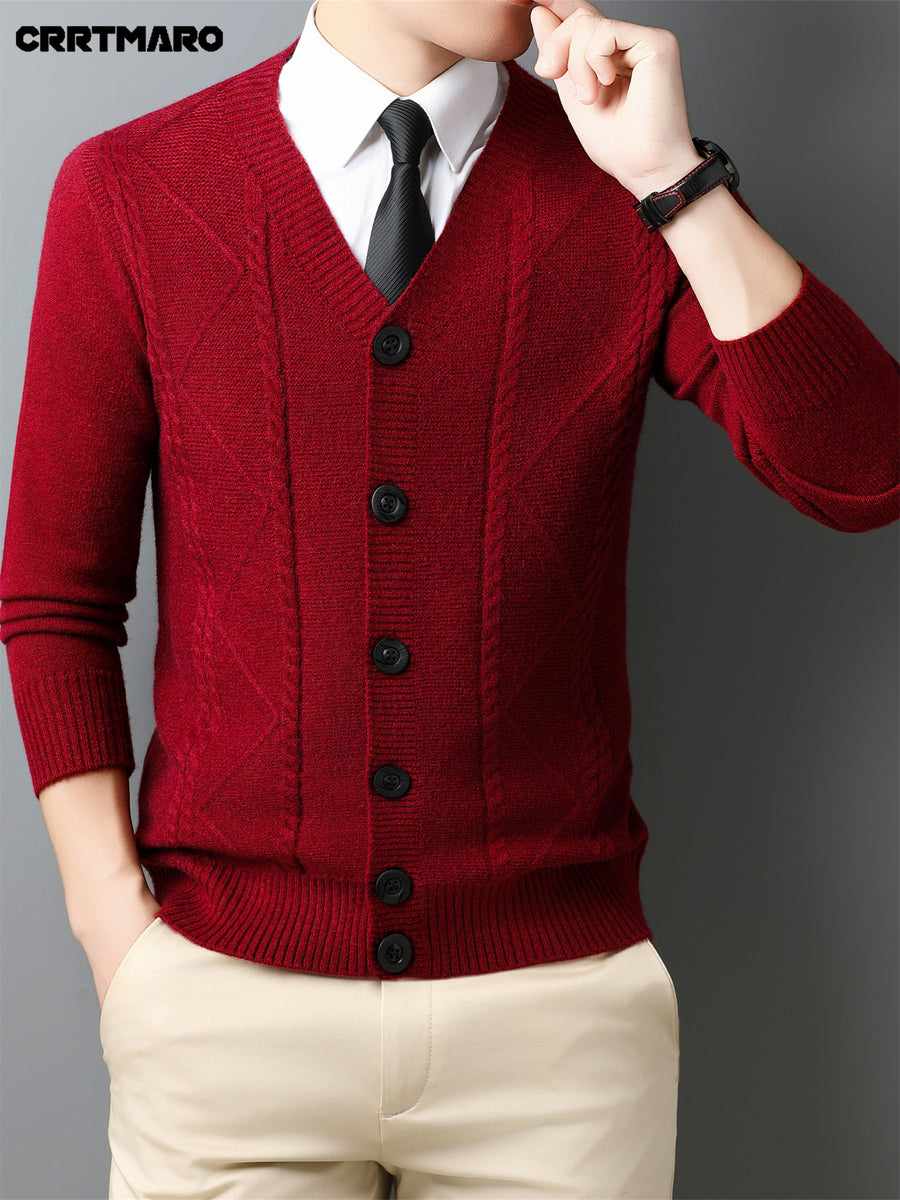 Men'S Wool Blend, Thick Knit Cardigan, Warm Casual Layering Top for Fall And Winter - Burgundy