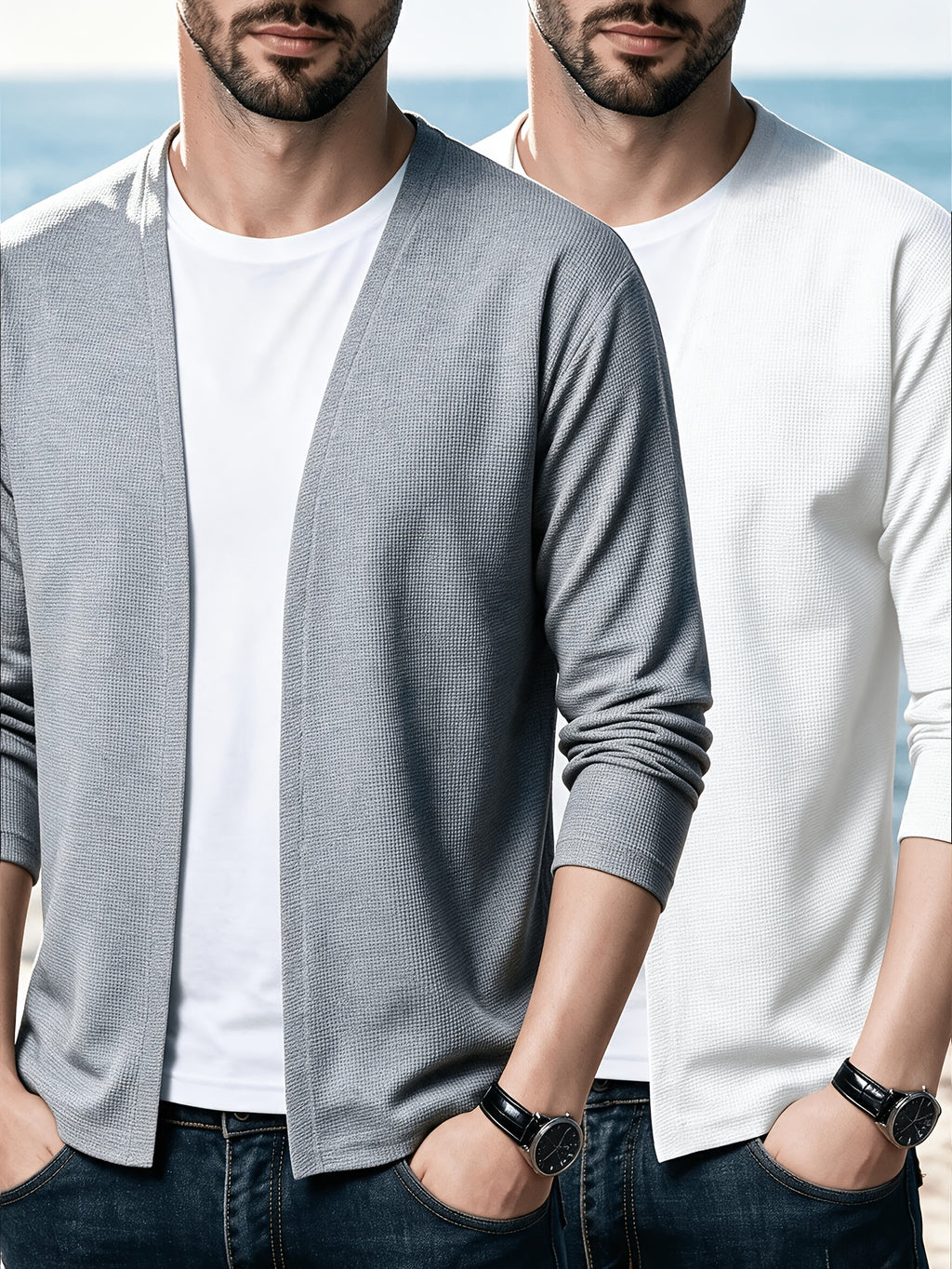 LVLAEA Christmas Pre-Heating 2pcs Set Men'S Knit Cardigan Long Sleeve Knit Casual No-Button Cardigan Spring Autumn Men'S Solid Color Jacket Middle-Aged Fashion Air-Conditioned Shirt Outerwear Men'S Style, Suitable for Outings And Leisure - White+Light Grey