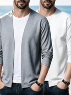 LVLAEA Christmas Pre-Heating 2pcs Set Men'S Knit Cardigan Long Sleeve Knit Casual No-Button Cardigan Spring Autumn Men'S Solid Color Jacket Middle-Aged Fashion Air-Conditioned Shirt Outerwear Men'S Style, Suitable for Outings And Leisure - White+Light Grey