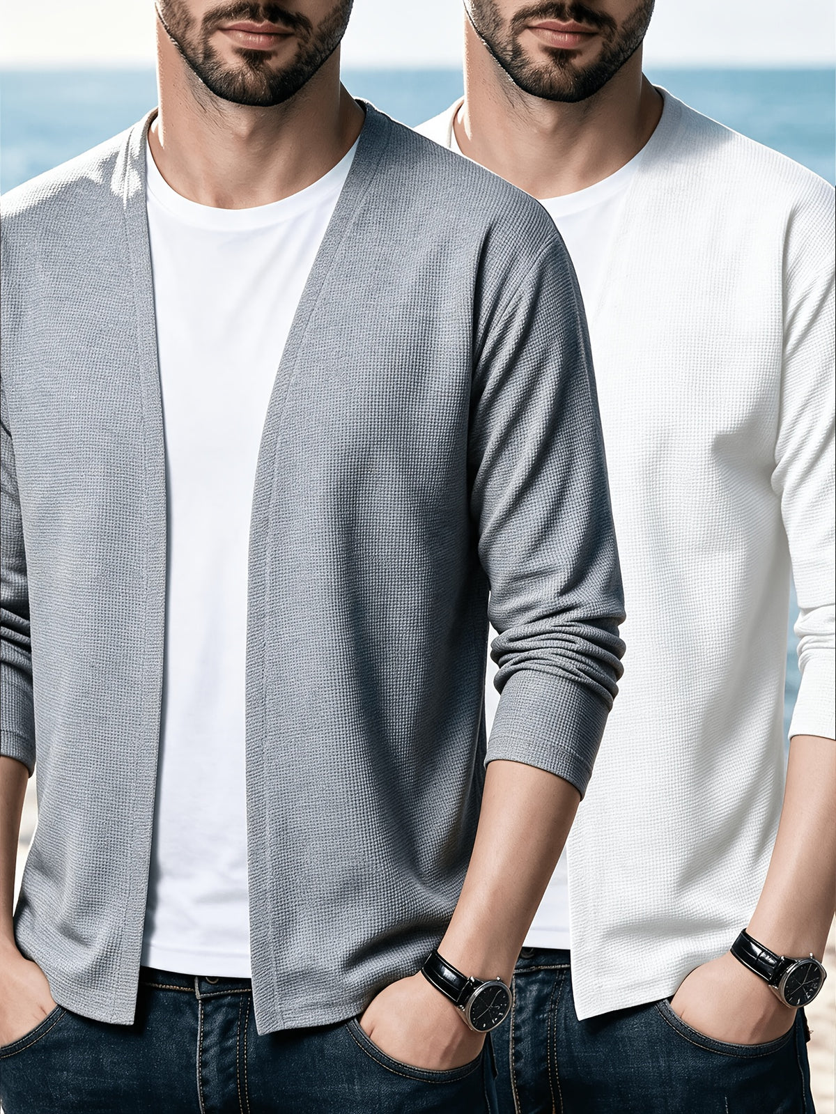 LVLAEA Christmas Pre-Heating 2pcs Set Men'S Knit Cardigan Long Sleeve Knit Casual No-Button Cardigan Spring Autumn Men'S Solid Color Jacket Middle-Aged Fashion Air-Conditioned Shirt Outerwear Men'S Style, Suitable for Outings And Leisure - White+Light Grey