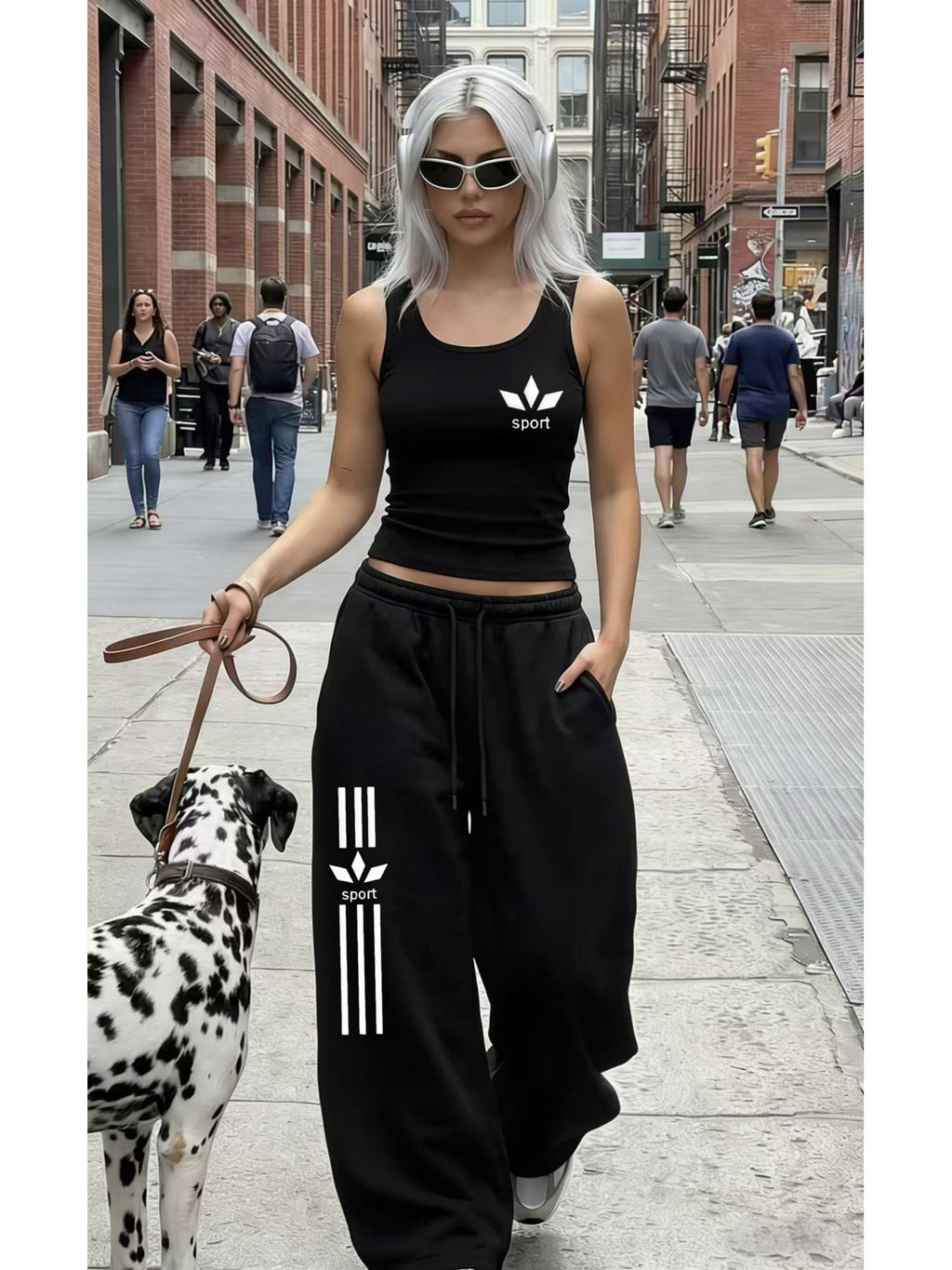 Women'S Summer Black 2pcs Set, Sleeveless Short Vest And High-Waist Loose Wide-Leg Pants, Casual Athletic Striped Print Outfit - Black