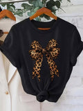 Women's Black Short Sleeve T-shirt with Leopard Print Bow Front Design, Polyester Material, Multiple Specifications Available, Comfortable Casual Top for Casual Attire & Outdoor - Black