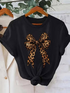 Women's Black Short Sleeve T-shirt with Leopard Print Bow Front Design, Polyester Material, Multiple Specifications Available, Comfortable Casual Top for Casual Attire & Outdoor - Black