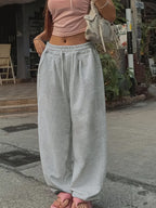 Women'S Fashion Solid Color Drawstring Pocket Casual Gray Loose Wide Leg Pants Fall Winter Clothing Trousers - Light Grey