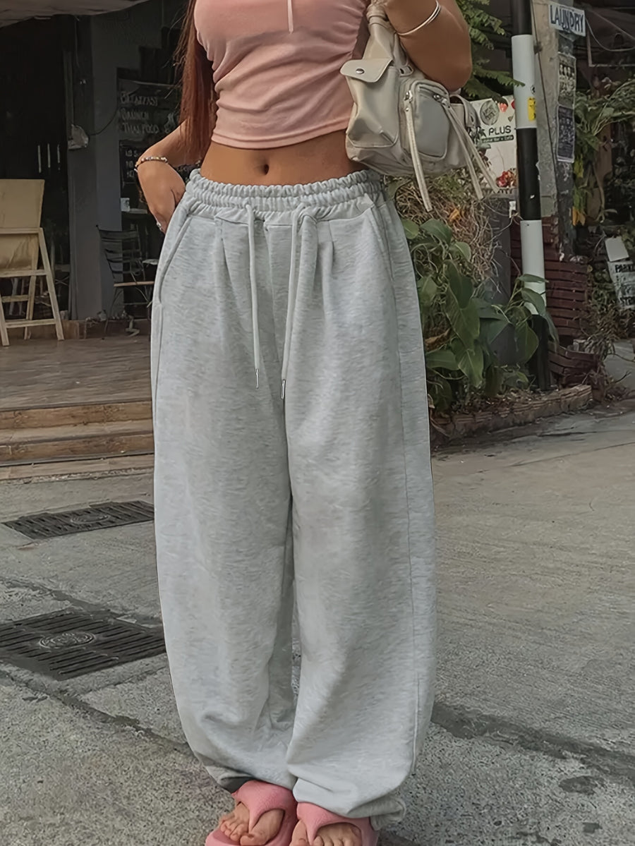 Women'S Fashion Solid Color Drawstring Pocket Casual Gray Loose Wide Leg Pants Fall Winter Clothing Trousers - Light Grey