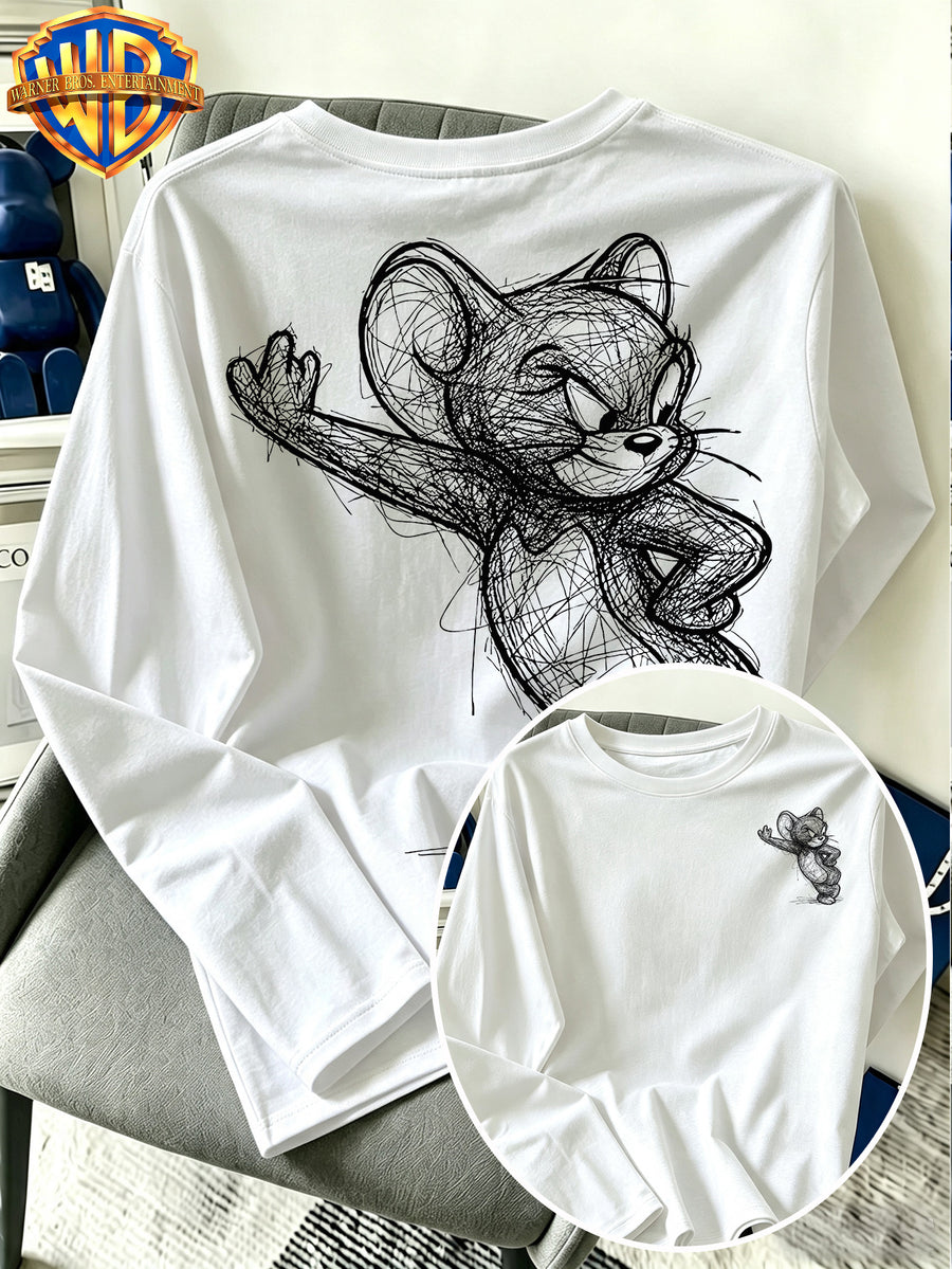 Official Warner Bros. Merchandise - Men'S Versatile Pure Long-Sleeve Top with Black And White Hand-Drawn Character Line-Art Print; Suitable for Spring And Autumn, Casual Streetwear Piece Perfect for Daily Wear, Leisure, Or Gifting - White