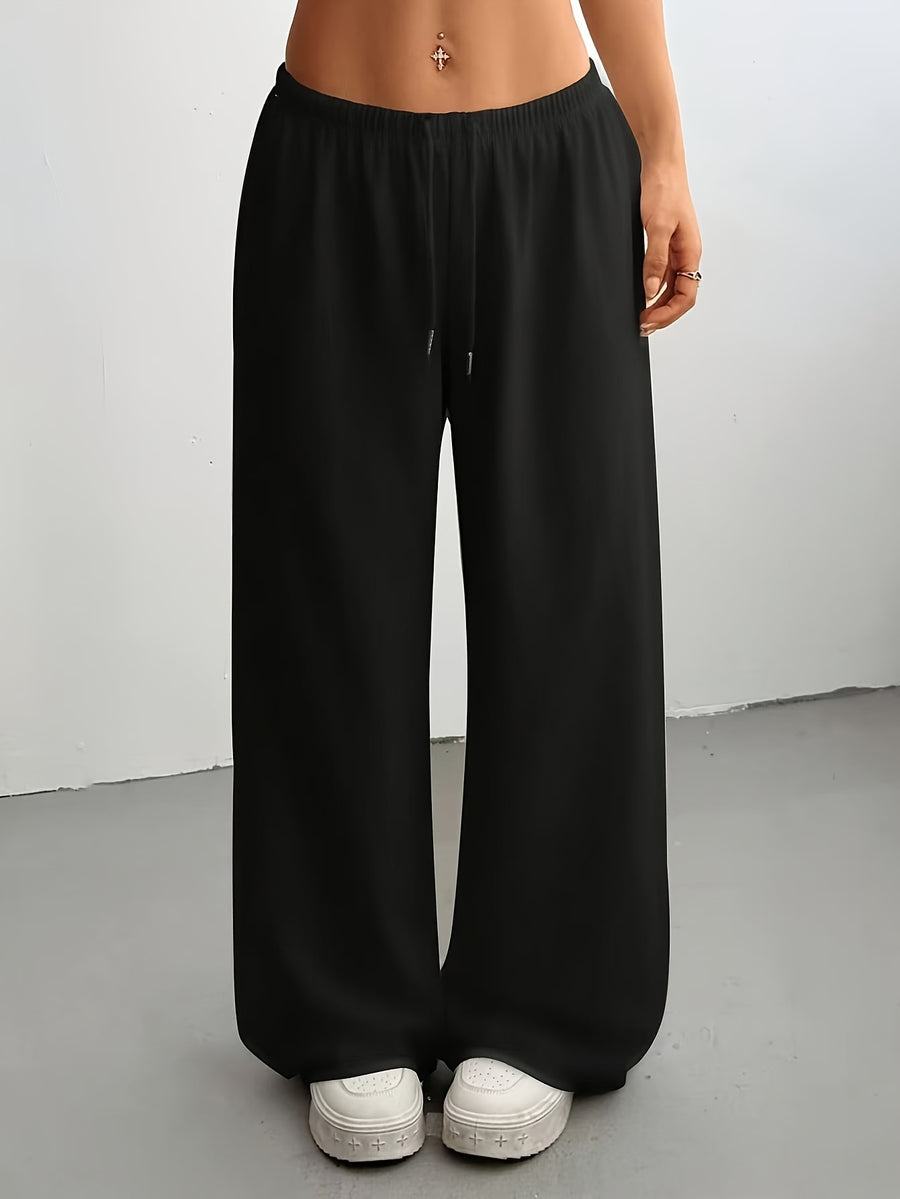 DW260528005 Spring/Summer Casual Solid Color Drawstring Waist Wide-Leg Pants, Suitable for Casual Daily Wear and Vacation - Black